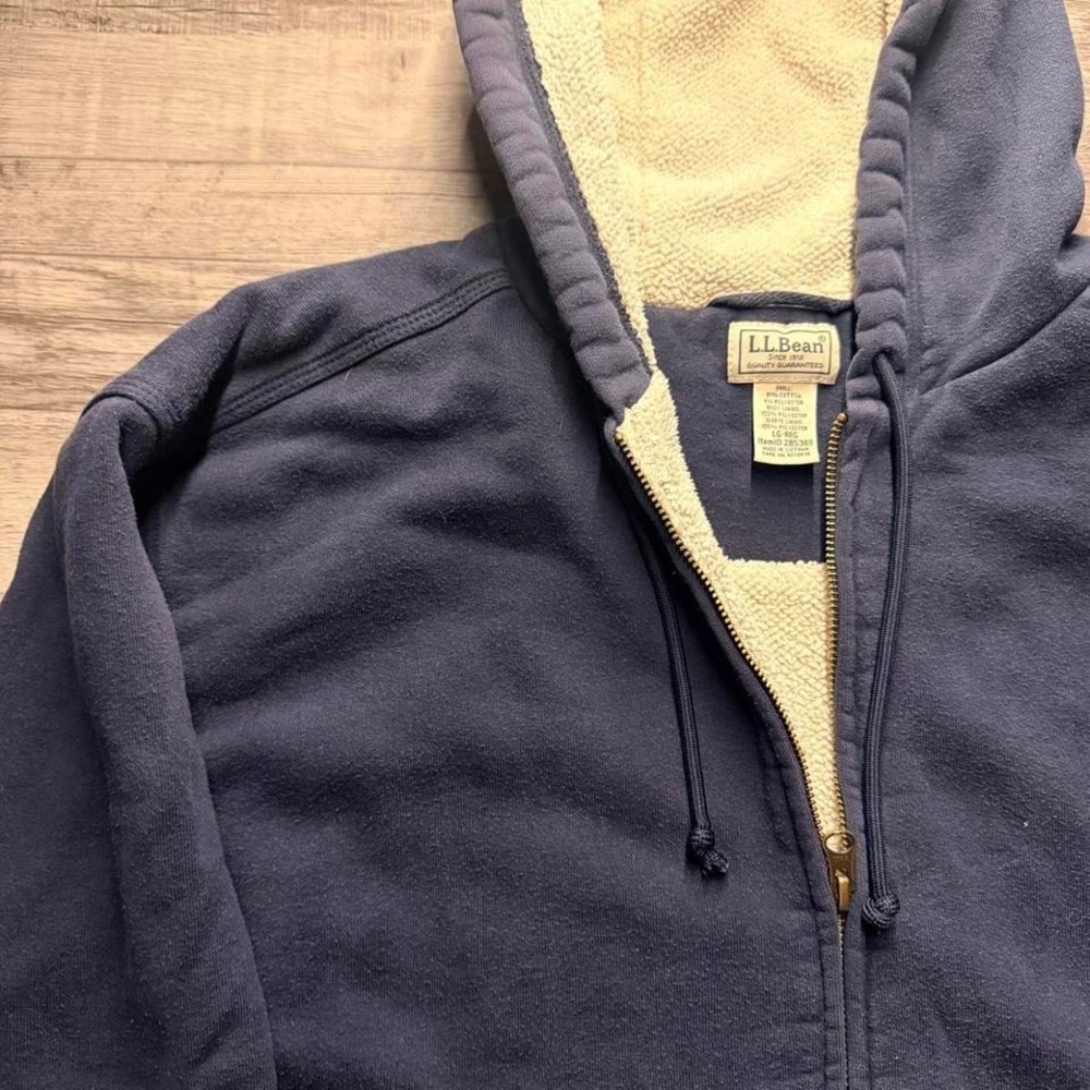 Boxy Vintage 90's L.L. Bean Sherpa Lined Zip Hoodie Navy Blue Large 24x25